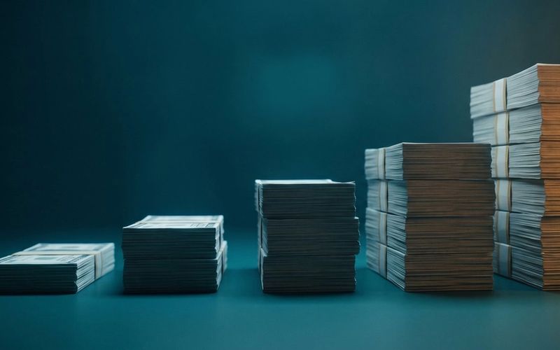Five bundles of banknotes of very different heights standing in a row