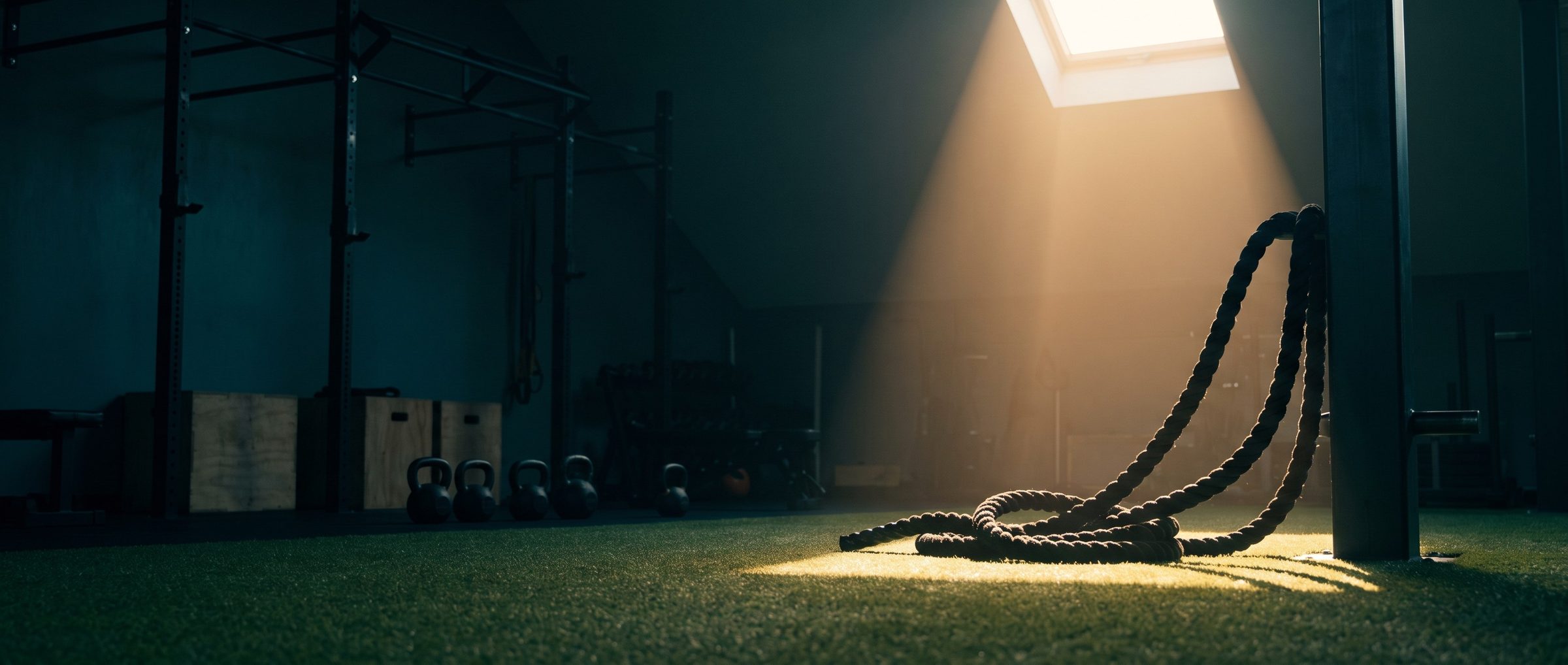 Two thick battle ropes looped over a black post and coiled on green turf in a shaft of warm sunlight from a skylight, with racks, plyo boxes and kettlebells in shadow across a dim training gym
