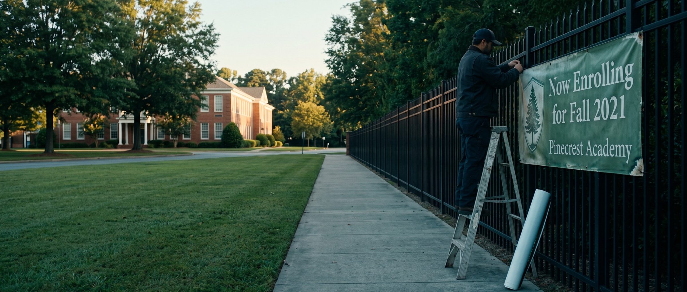 Early morning at a private school's iron fence, a facilities worker on a stepladder takes down a weathered Now Enrolling for Fall 2021 Pinecrest Academy banner while a new banner leans rolled up below