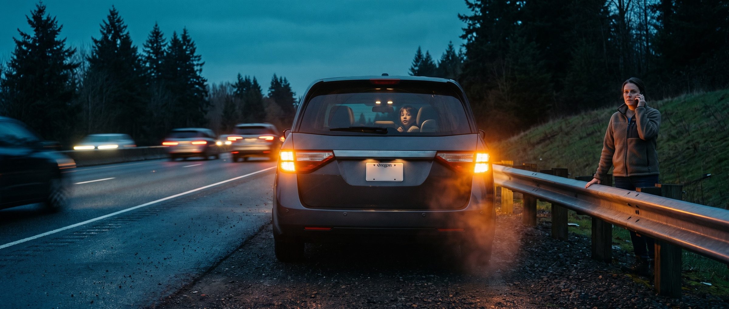 A family minivan stopped on the shoulder of a highway at dusk with its hazard lights on, a child looking out the rear window and a parent on the phone at the guardrail