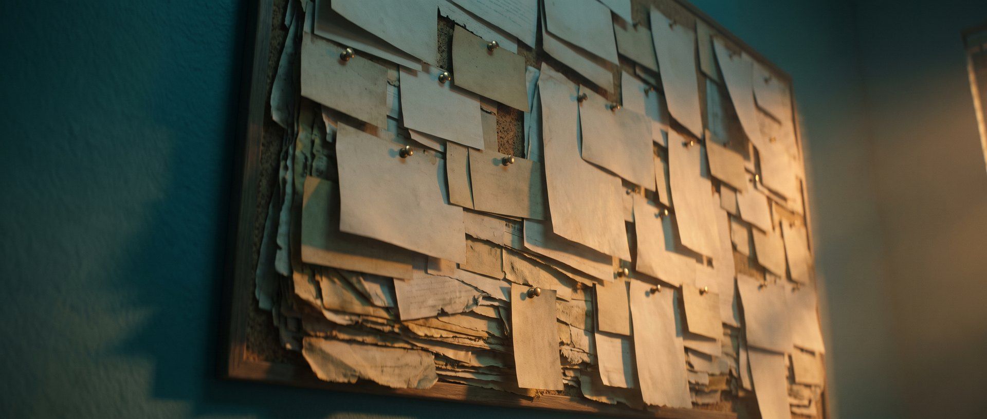 A cork noticeboard built up inches deep in overlapping blank cards pinned layer over layer across years, the oldest layers compressed and yellowed underneath, lit by a low warm rake