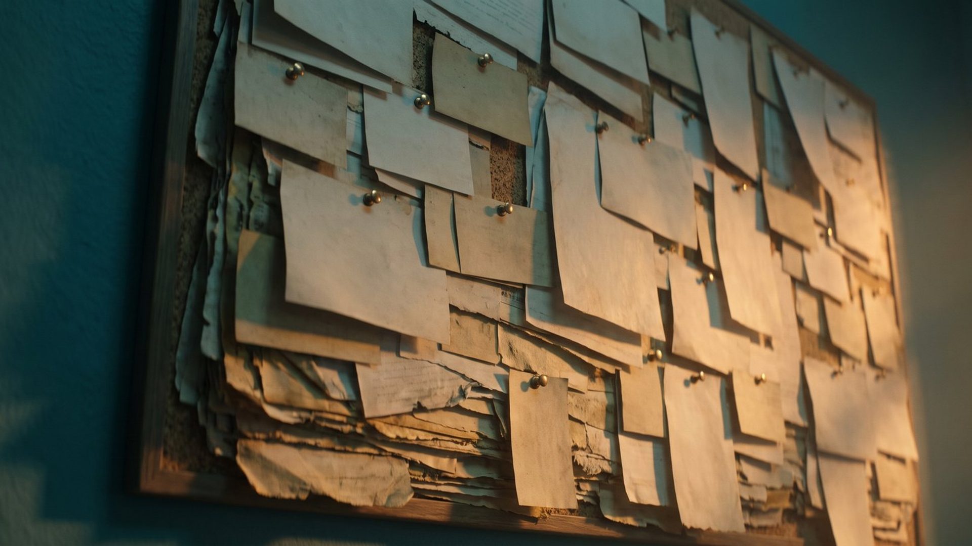 A cork noticeboard built up inches deep in overlapping blank cards pinned layer over layer across years, the oldest layers compressed and yellowed underneath, lit by a low warm rake