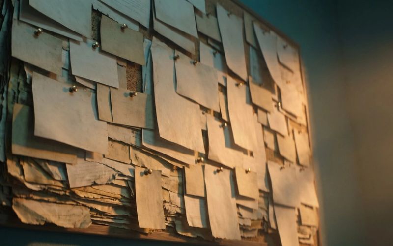 A cork noticeboard built up inches deep in overlapping blank cards pinned layer over layer across years, the oldest layers compressed and yellowed underneath, lit by a low warm rake