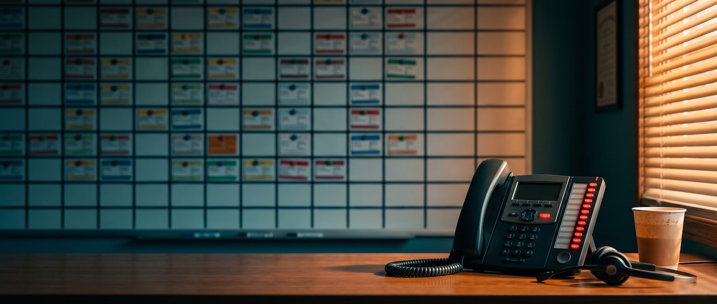 A multi-line office phone with every line button glowing red on a dispatcher's desk, a headset and coffee beside it, in front of a dispatch board of job cards in low morning sun
