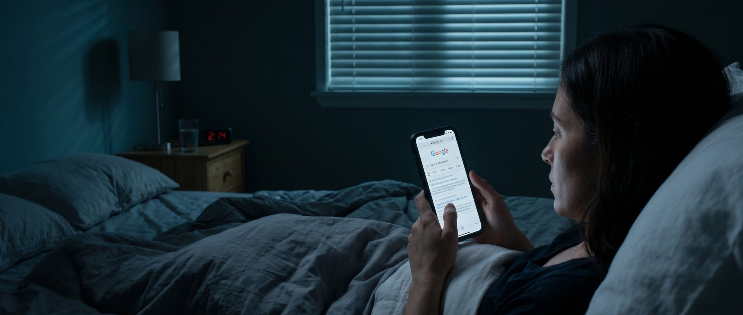 In a dark bedroom at 2 a.m., a woman propped on her pillow reads a Google search for signs of depression on her phone, its glow the only light besides a red bedside clock and streetlight through the blinds
