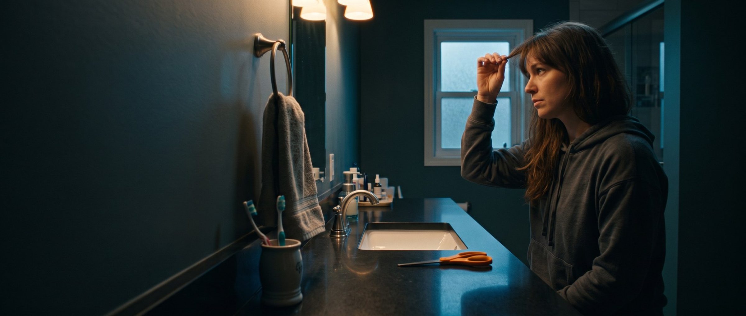 A woman in a gray hoodie stands at her bathroom counter at night pinching her overgrown bangs between two fingers, a pair of orange kitchen scissors set down unused beside the sink