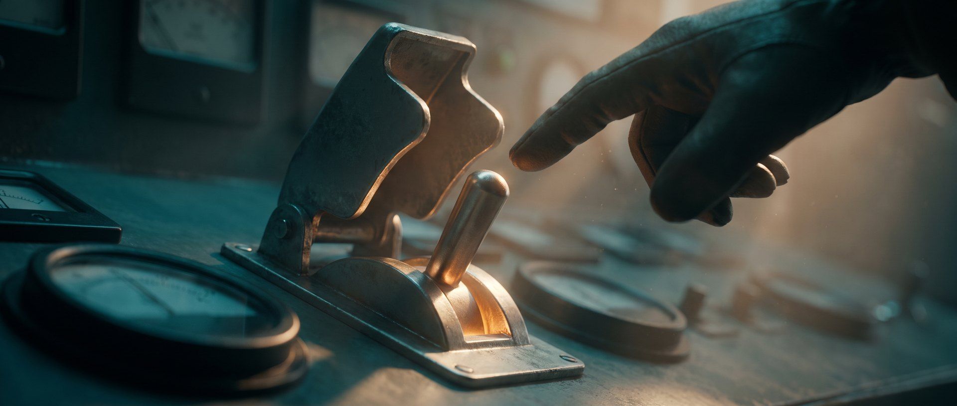 A gloved hand reaching for an industrial switch protected under a hinged flip cover, lit amber against deep teal shadow