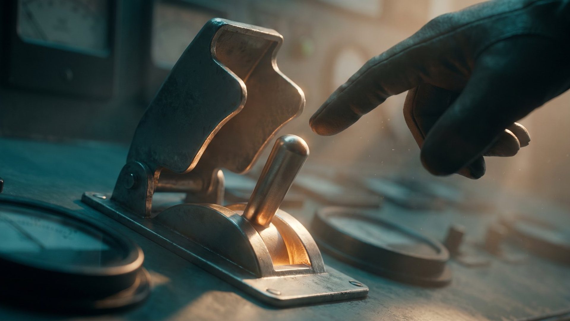 A gloved hand reaching for an industrial switch protected under a hinged flip cover, lit amber against deep teal shadow