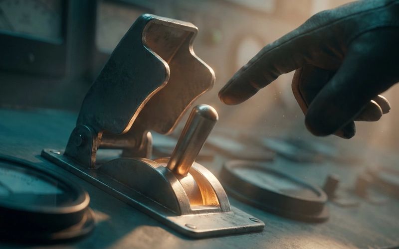 A gloved hand reaching for an industrial switch protected under a hinged flip cover, lit amber against deep teal shadow