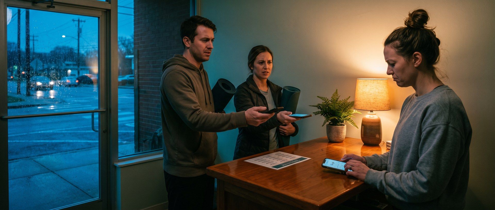 Two yoga students hold out their phones at a studio's front desk, both booked into the same class, while the frustrated owner looks something up on her own phone