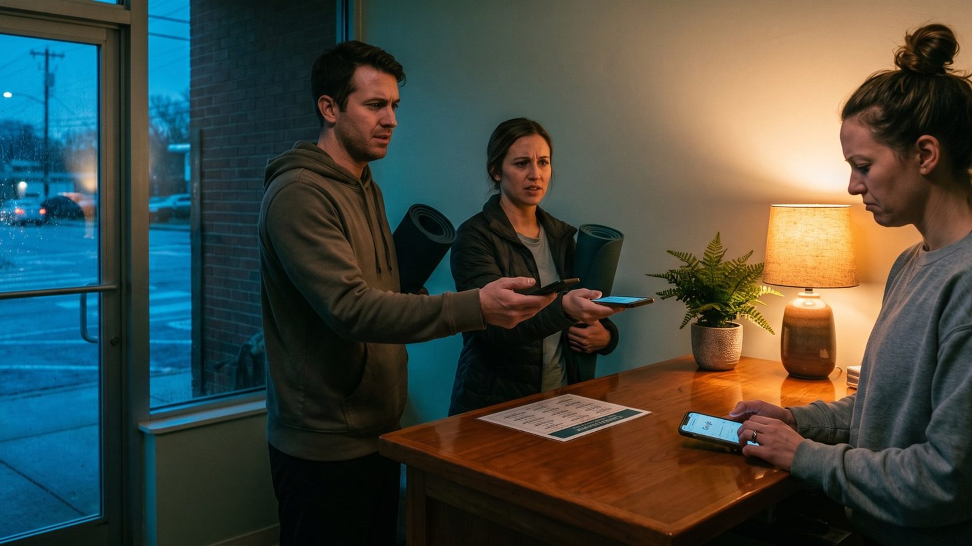 Two yoga students hold out their phones at a studio's front desk, both booked into the same class, while the frustrated owner looks something up on her own phone