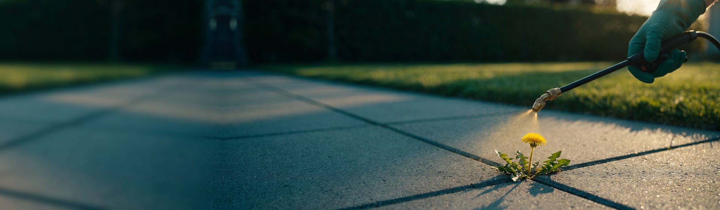 A green-gloved hand aiming a backpack sprayer wand at a single dandelion growing between concrete pavers, a fine mist catching the low morning sun, with a hedge and lawn soft in the background