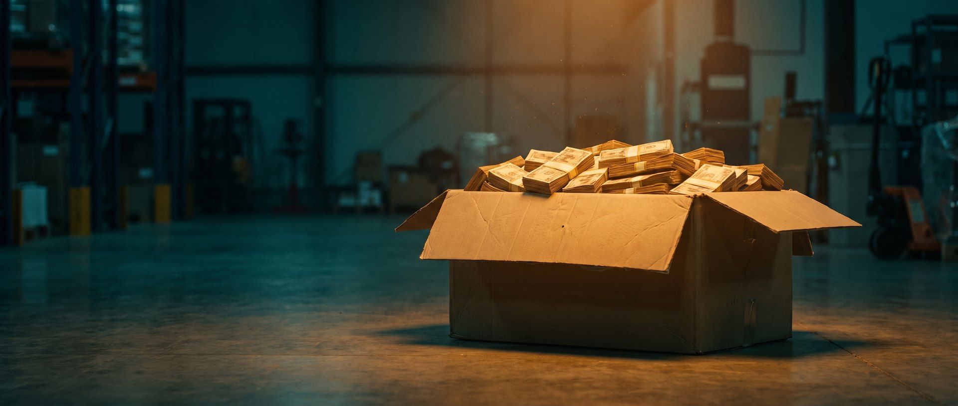 An open cardboard shipping carton on a warehouse floor, packed and heaped with banded stacks of banknotes