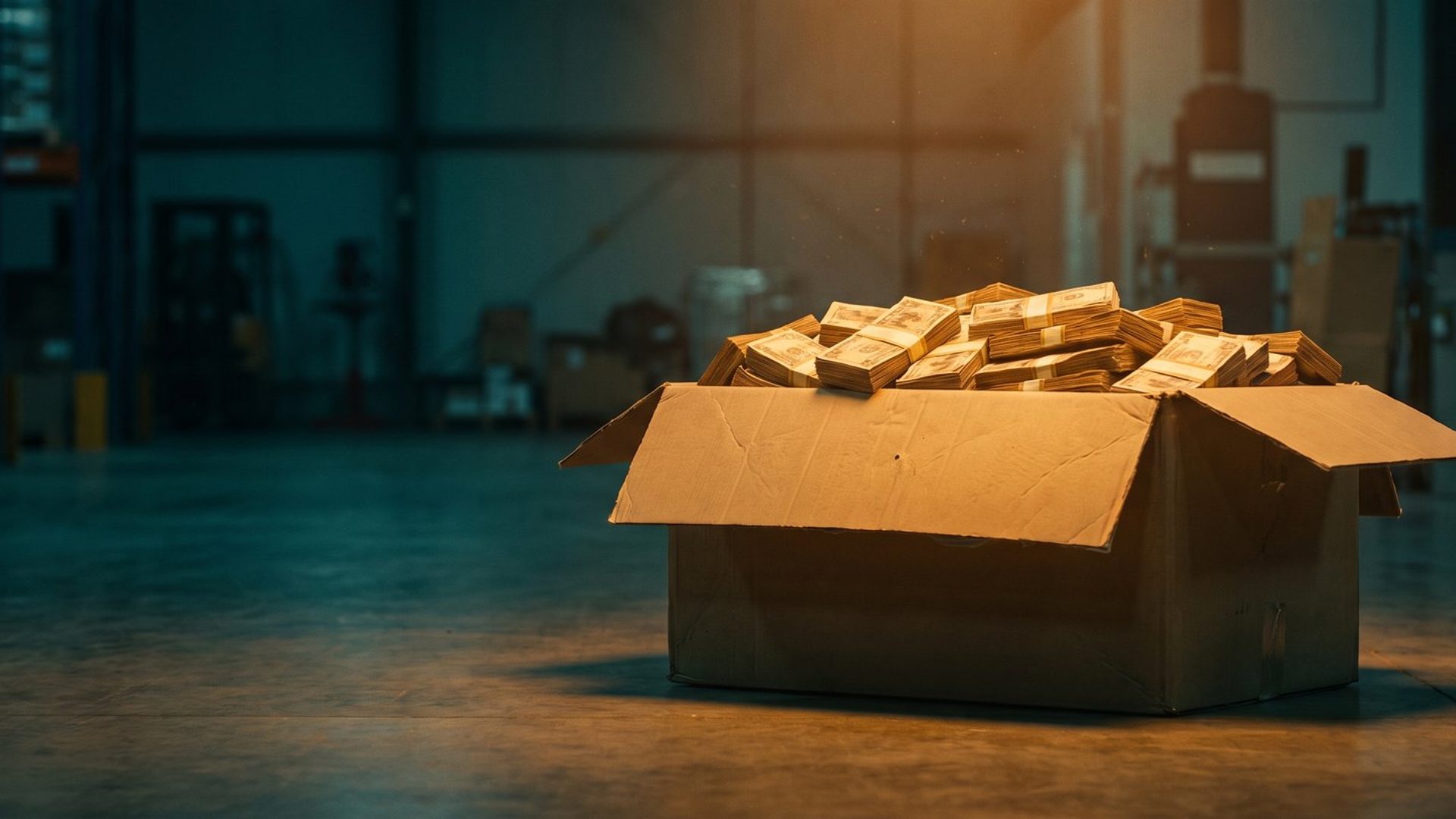 An open cardboard shipping carton on a warehouse floor, packed and heaped with banded stacks of banknotes