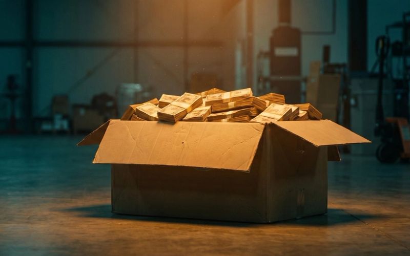 An open cardboard shipping carton on a warehouse floor, packed and heaped with banded stacks of banknotes