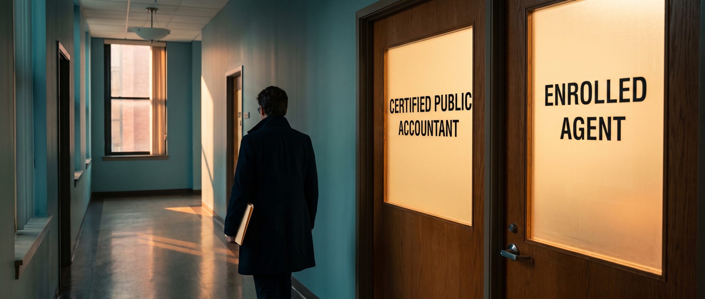 Two neighboring frosted-glass office doors in a quiet hallway, one lettered Certified Public Accountant and the next Enrolled Agent, glowing warm from inside, while a client in a coat carrying a manila folder walks away down the hall toward a sunlit window