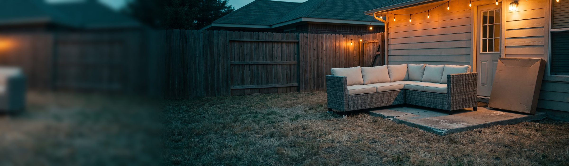 A new wicker outdoor sectional crammed onto a small cracked concrete pad by a back door at dusk, too big for it, its front legs on dry faded grass, with the flattened shipping box leaning on the house under glowing string lights