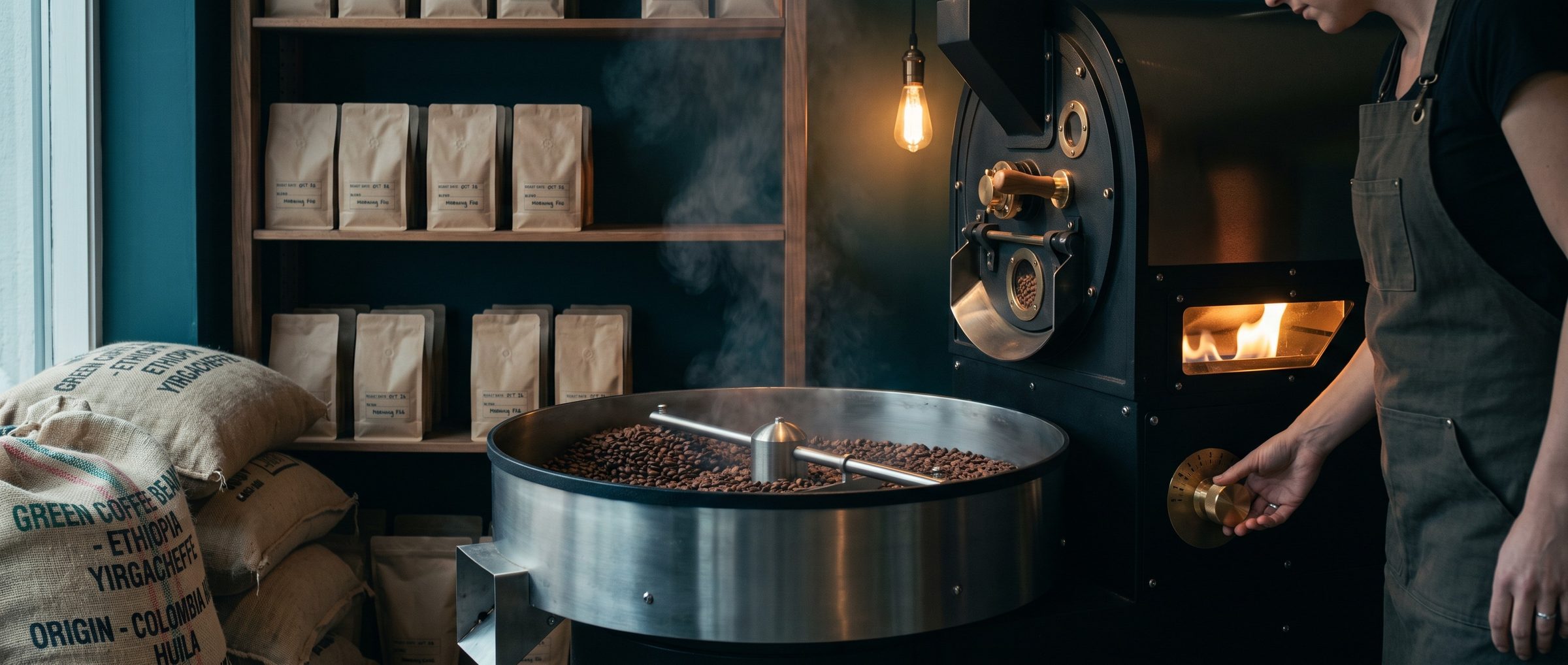 In a small coffee roastery, a roaster in a canvas apron turns the brass gas dial on a black drum roaster by hand, beside a cooling tray of fresh beans and shelves of coffee bags
