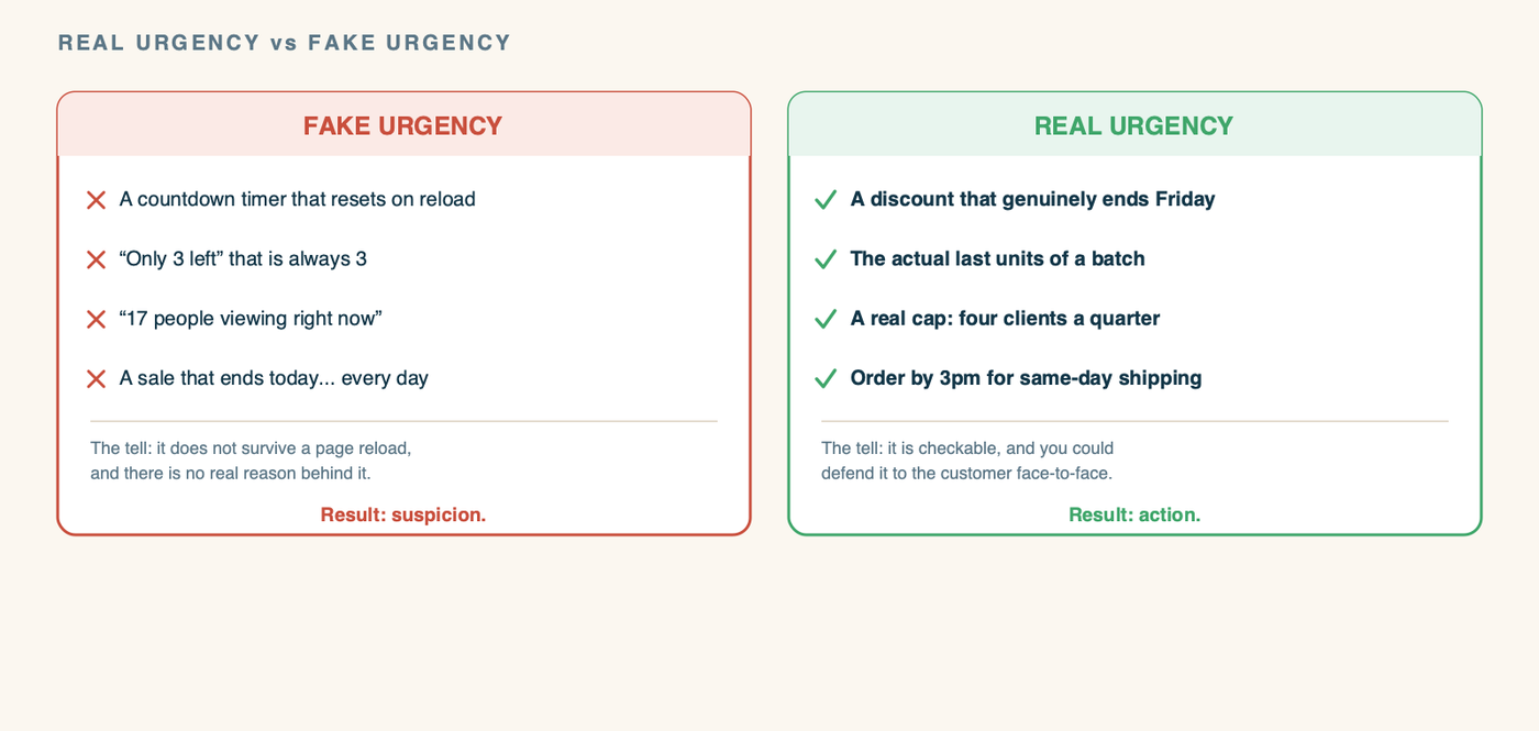 A two-column diagram comparing fake and real urgency. The left column, Fake urgency, lists: a countdown timer that resets on reload; 'only 3 left' that is always 3; '17 people viewing right now'; a sale that ends today, every day. The tell: it does not survive a page reload, and there is no real reason behind it. Result: suspicion. The right column, Real urgency, lists: a discount that genuinely ends Friday; the actual last units of a batch; a real capacity cap like four clients a quarter; an order-by-3pm shipping cutoff. The tell: it is checkable and you could defend it to the customer's face. Result: action.
