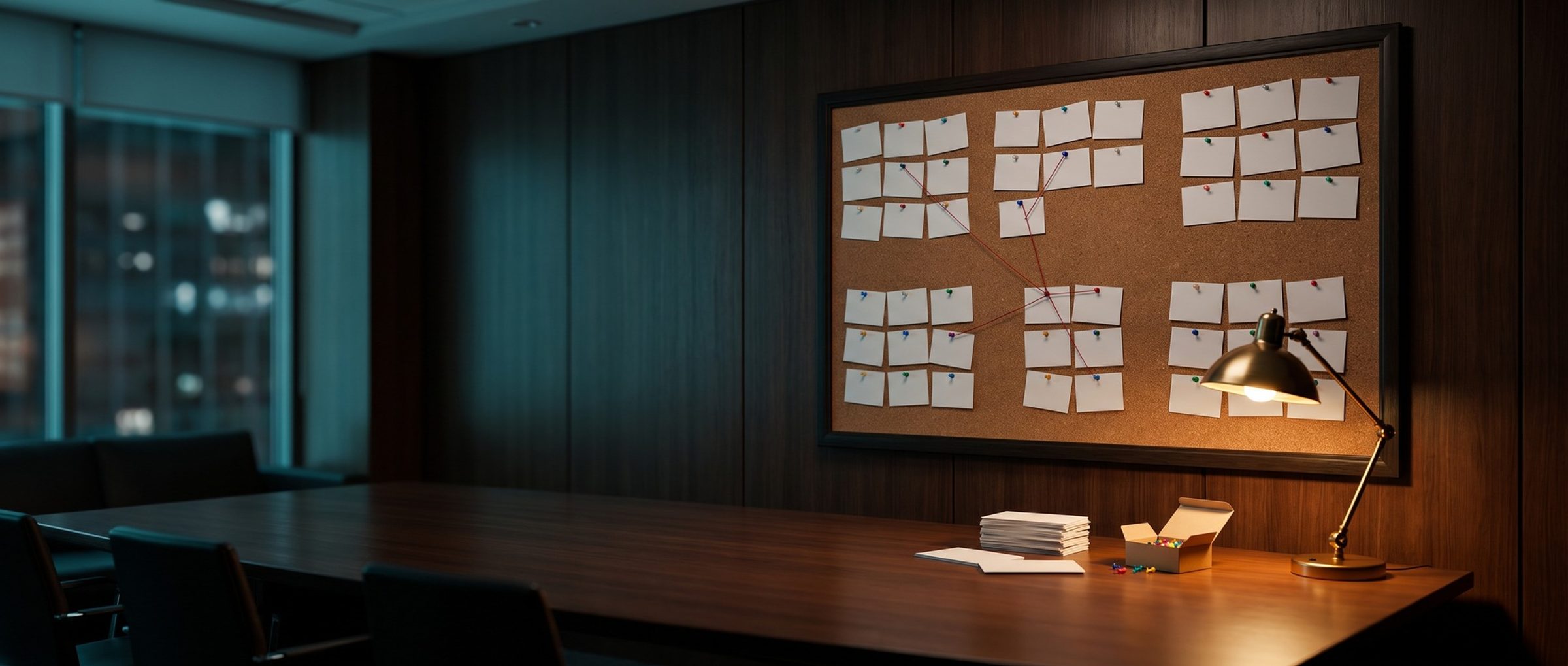 A law firm conference room at night with a large corkboard of blank index cards pinned in six tidy clusters, a few linked by red string, and a stack of set-aside cards under a brass lamp on the table below