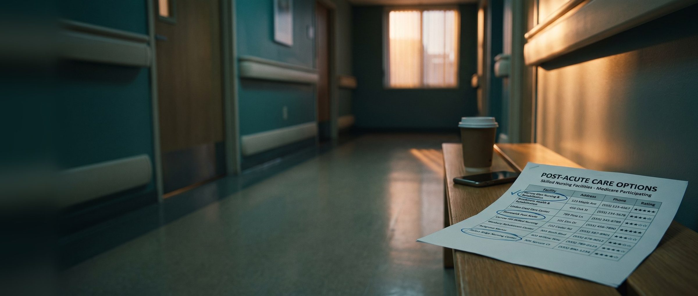 A printed hospital handout titled Post-Acute Care Options lying on a corridor bench, a table of skilled nursing facilities with three names circled in blue pen, beside a paper coffee cup and a phone in late-afternoon light