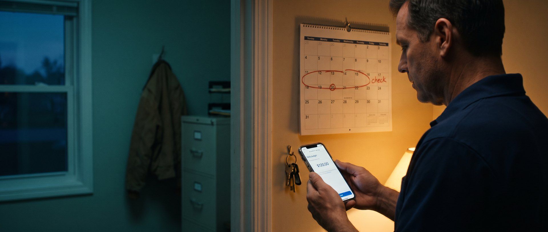 In a small plumbing company office at dusk, the owner stands in a lamp-lit doorway checking a phone that shows the campaign's daily budget at $120.00, beside a wall calendar with weeks circled in red marker and a note that says check.