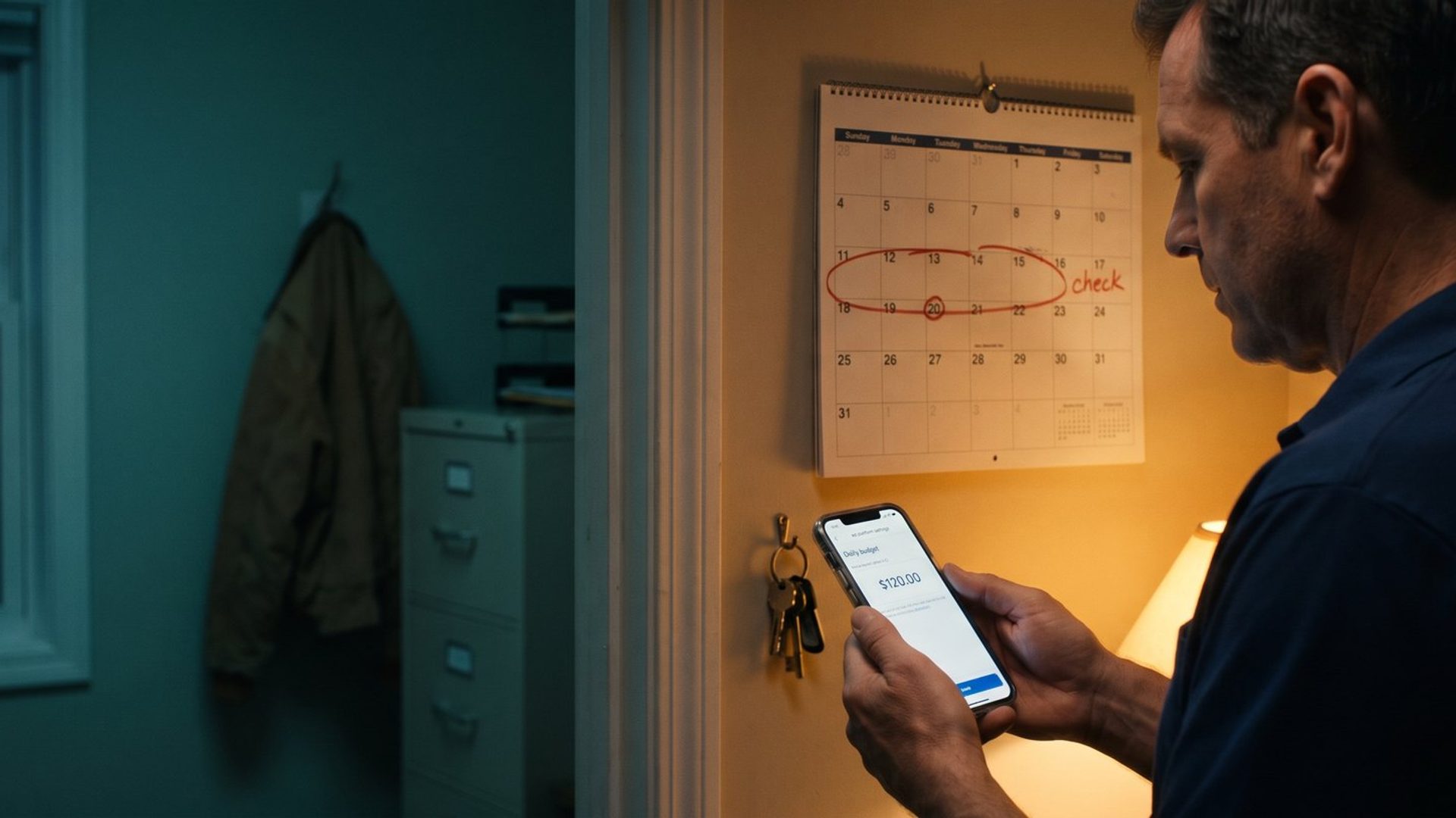 In a small plumbing company office at dusk, the owner stands in a lamp-lit doorway checking a phone that shows the campaign's daily budget at $120.00, beside a wall calendar with weeks circled in red marker and a note that says check.