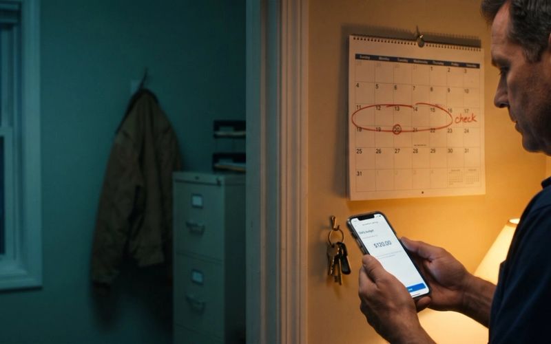 In a small plumbing company office at dusk, the owner stands in a lamp-lit doorway checking a phone that shows the campaign's daily budget at $120.00, beside a wall calendar with weeks circled in red marker and a note that says check.