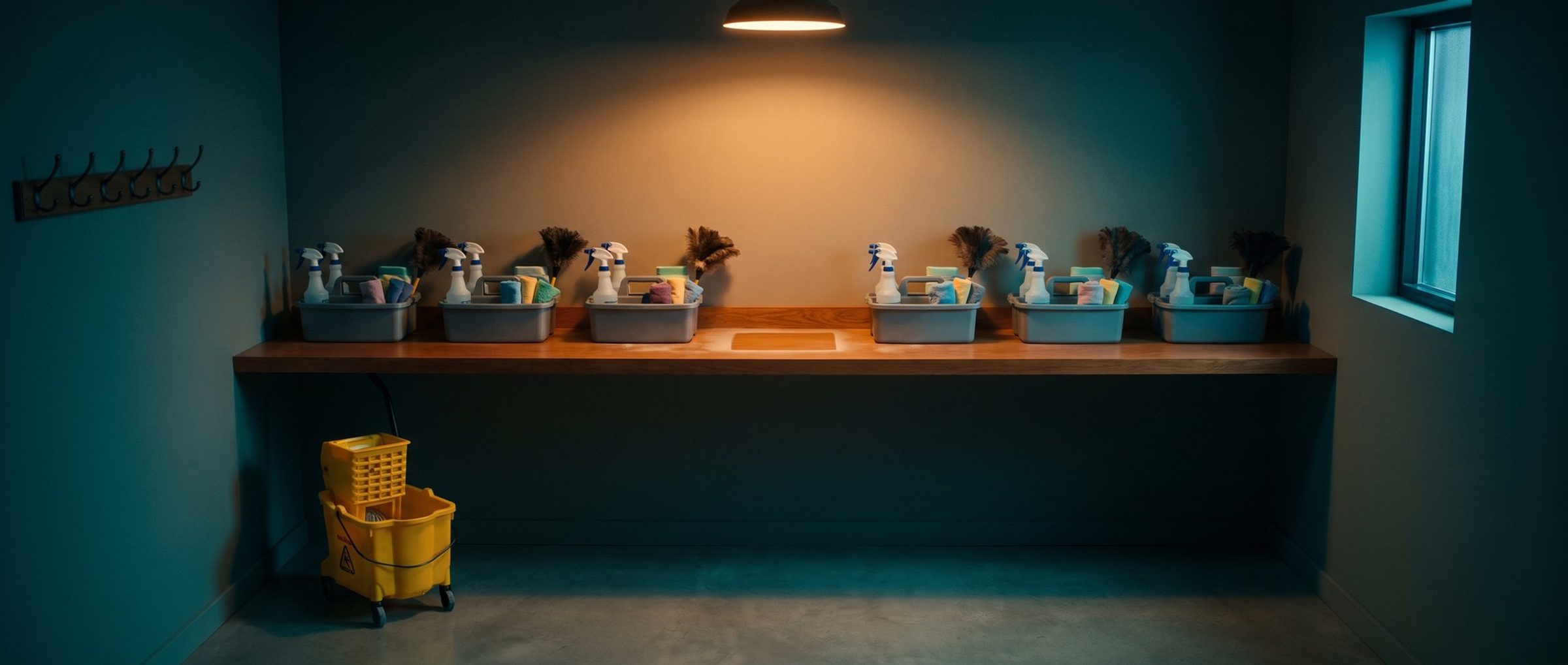 A row of packed cleaning caddies on a supply room shelf at dawn, with one empty spot in the middle of the row where a caddy is missing