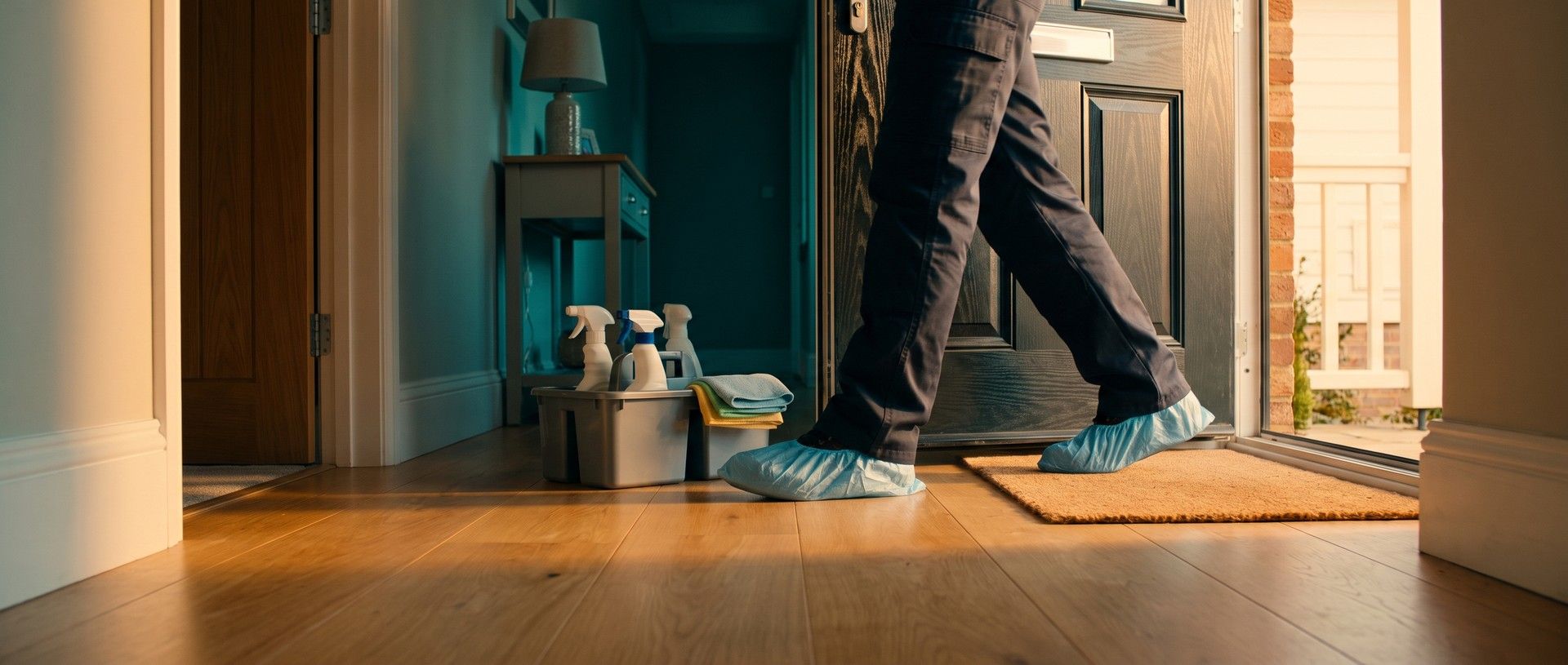 A house cleaner's feet in blue shoe covers stepping through an open front door into a sunlit hallway, a caddy of cleaning supplies set down inside