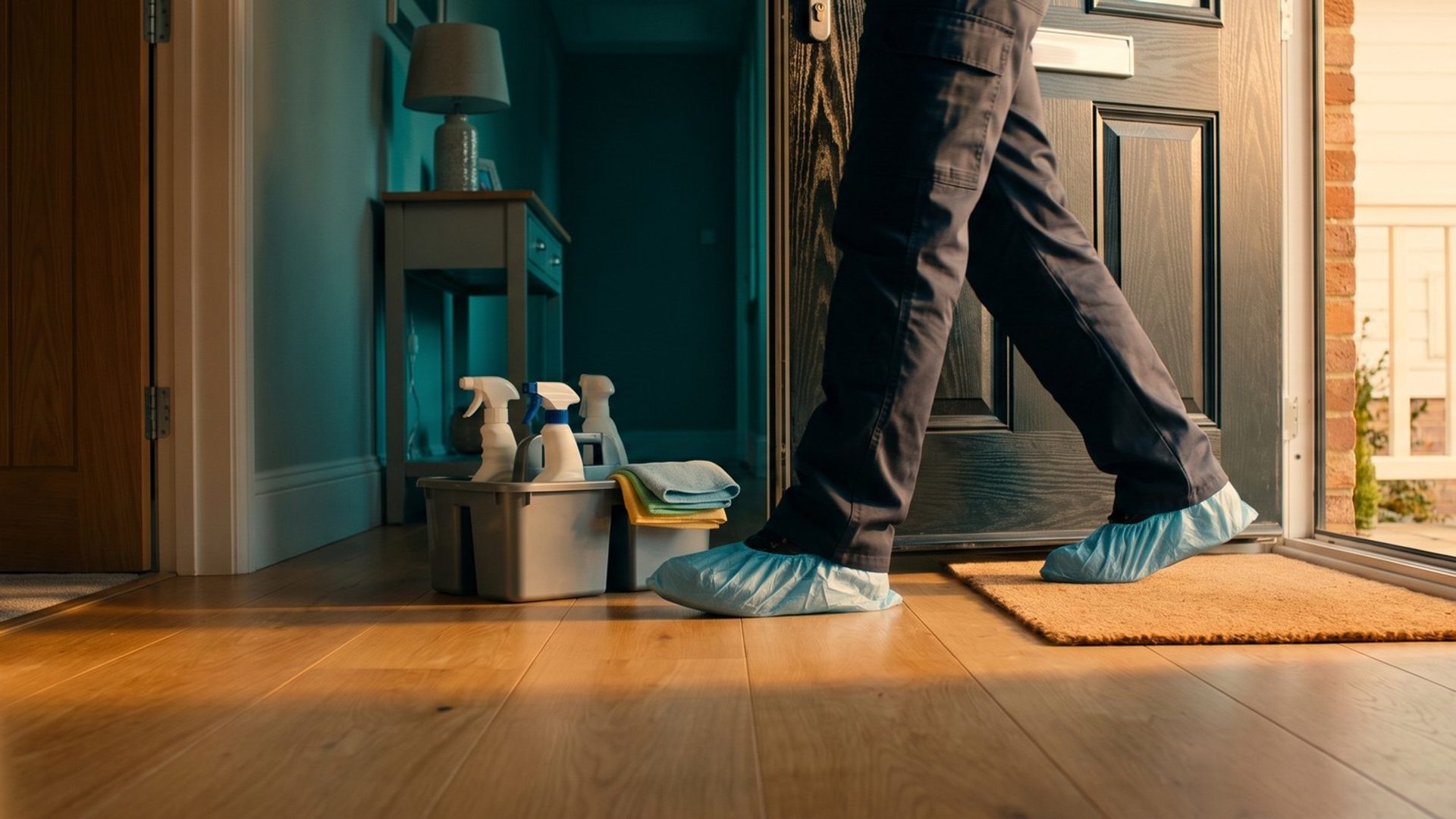 A house cleaner's feet in blue shoe covers stepping through an open front door into a sunlit hallway, a caddy of cleaning supplies set down inside