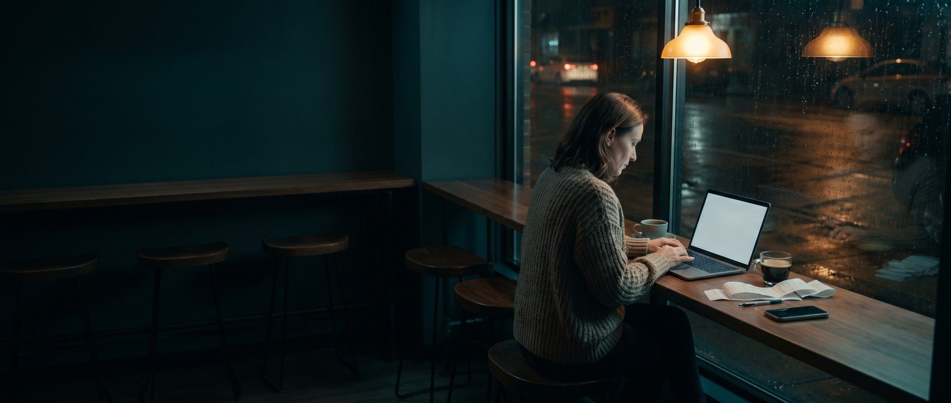 A small business owner in a knit sweater working late on a laptop at a coffee shop's window counter at night, with paper receipts, a pen, a phone and coffee beside her, under warm pendant lamps, rain streaking the glass onto a dark street