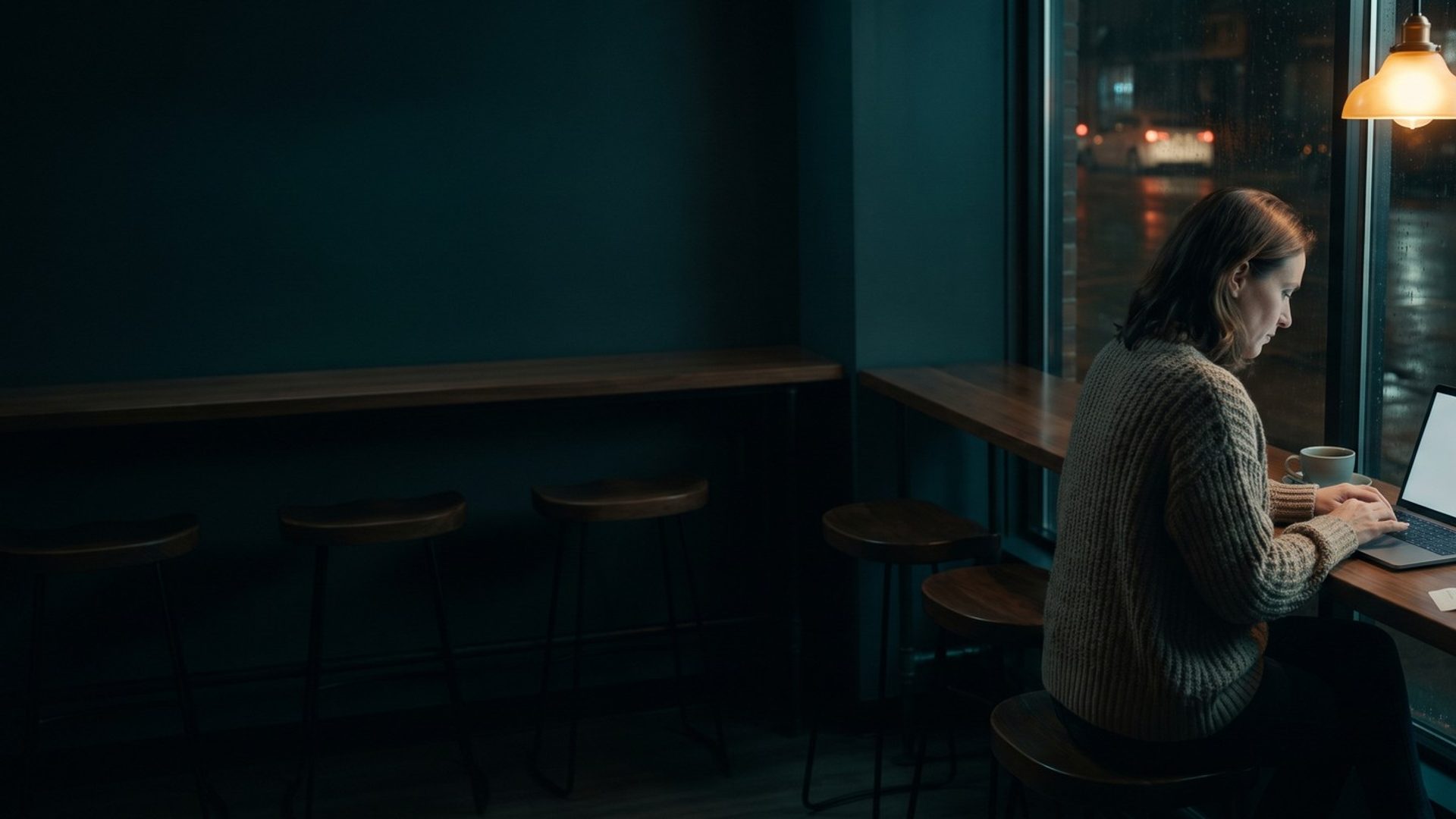 A small business owner in a knit sweater working late on a laptop at a coffee shop's window counter at night, with paper receipts, a pen, a phone and coffee beside her, under warm pendant lamps, rain streaking the glass onto a dark street