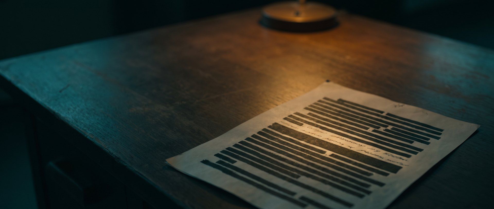 A sheet of paper on a dark desk under a brass lamp, almost every line covered by heavy black redaction bars with a single line left uncovered