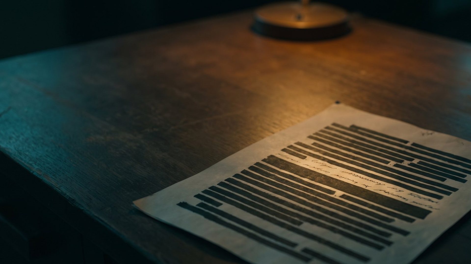 A sheet of paper on a dark desk under a brass lamp, almost every line covered by heavy black redaction bars with a single line left uncovered