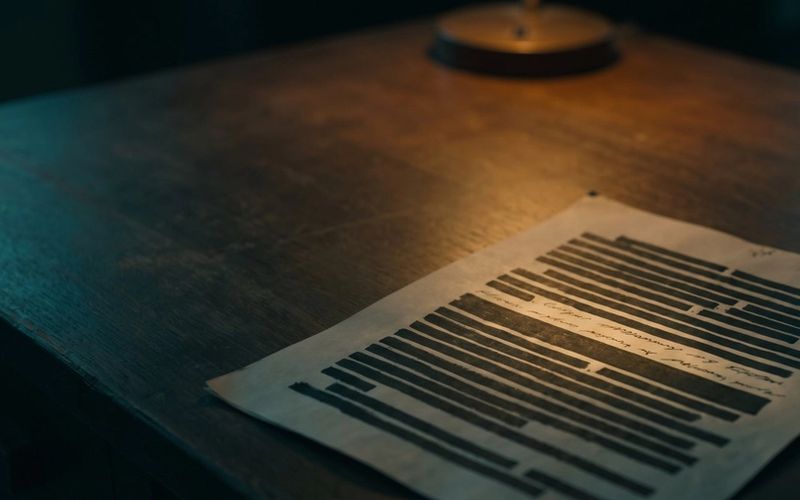 A sheet of paper on a dark desk under a brass lamp, almost every line covered by heavy black redaction bars with a single line left uncovered