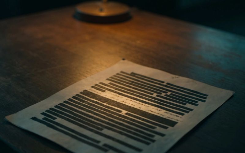 A sheet of paper on a dark desk under a brass lamp, almost every line covered by heavy black redaction bars with a single line left uncovered