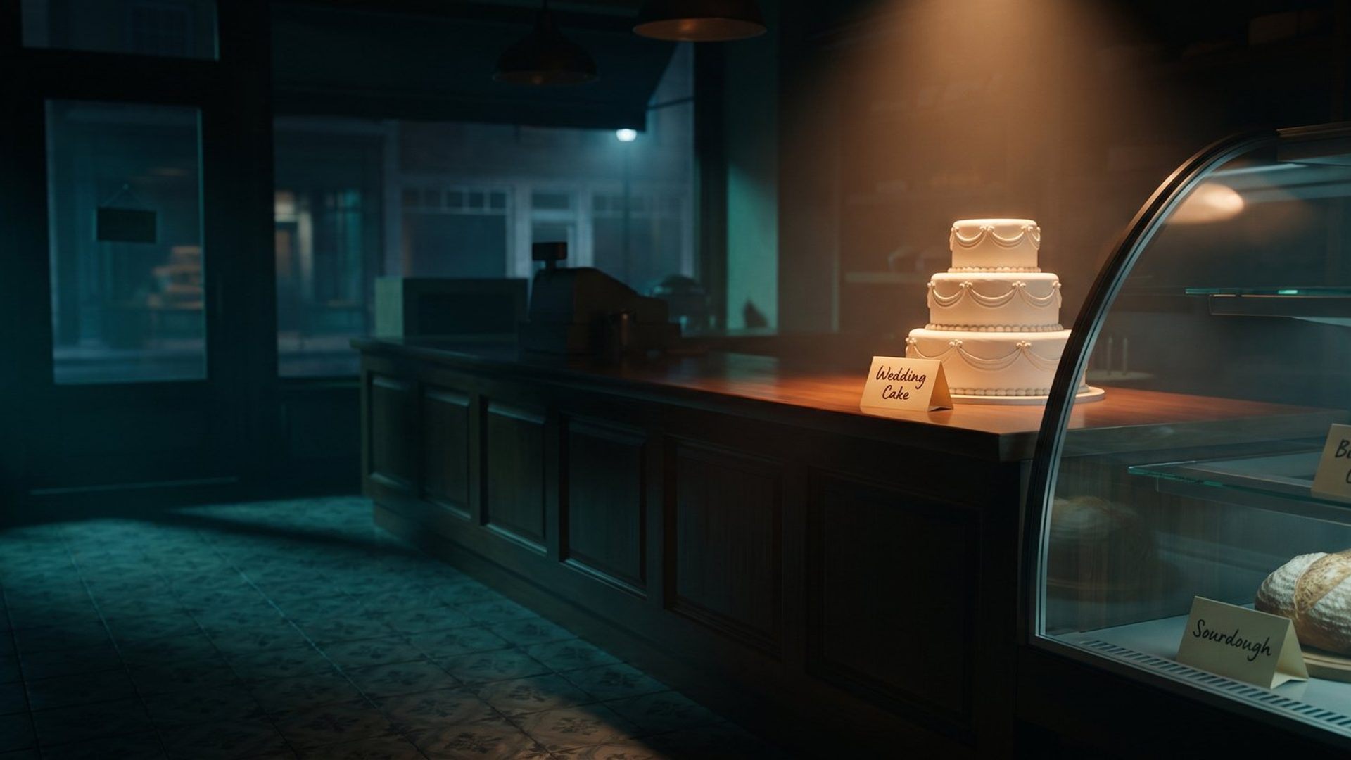 A bakery display case at night with a tiered wedding cake, a birthday cake and a sourdough loaf, each with its own small handwritten label card, the wedding cake and its card lit warm amber