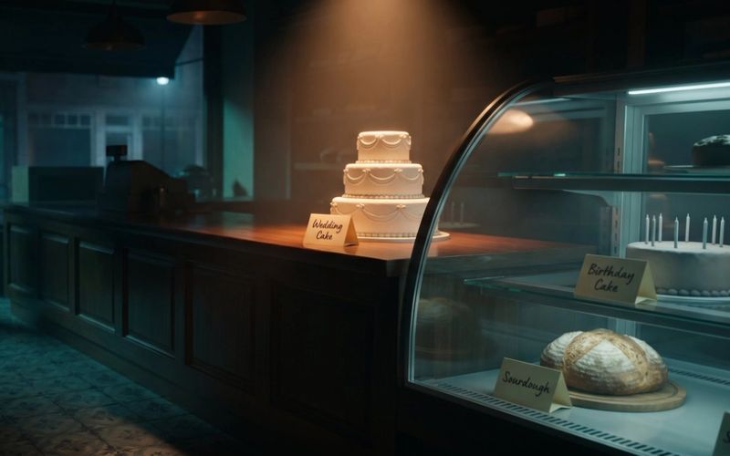 A bakery display case at night with a tiered wedding cake, a birthday cake and a sourdough loaf, each with its own small handwritten label card, the wedding cake and its card lit warm amber