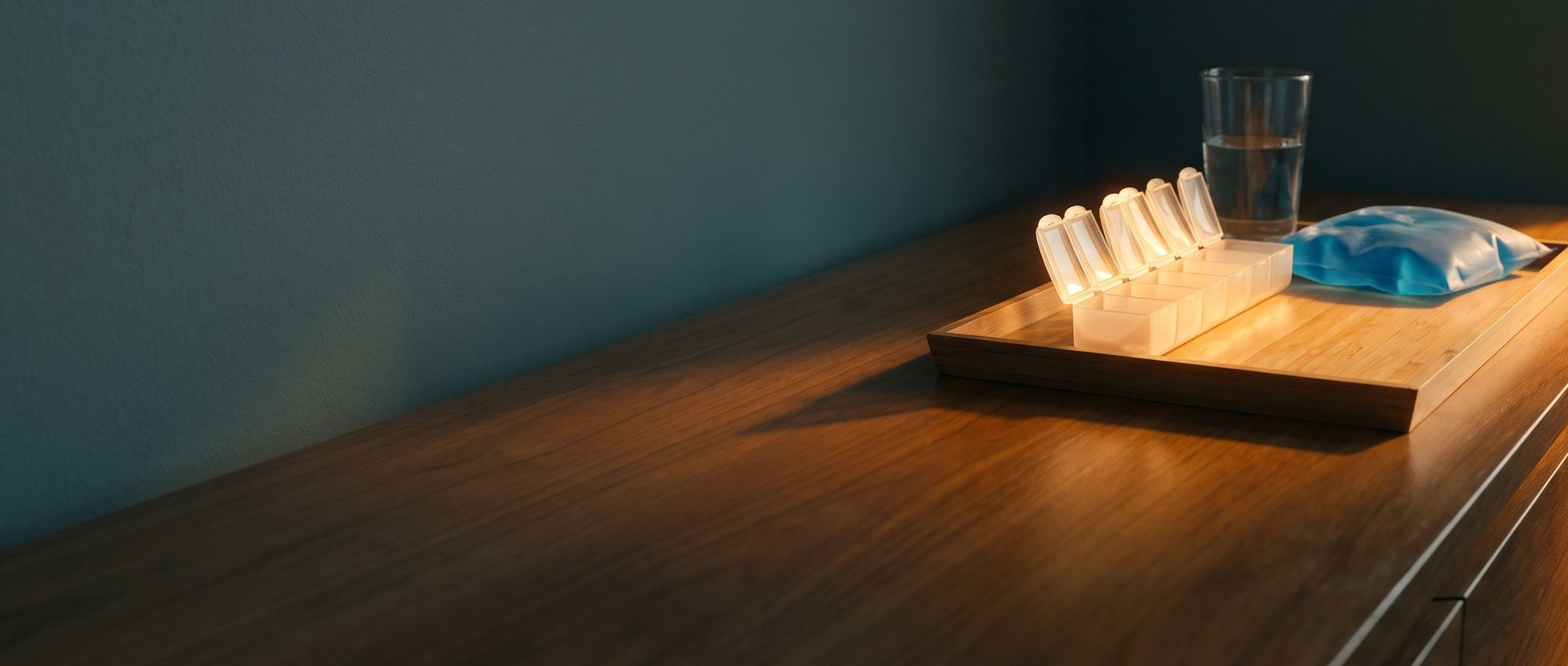 An empty seven-day pill organizer with every lid open, a blue gel ice pack and a glass of water on a bamboo tray at the end of a wooden nightstand in warm morning light