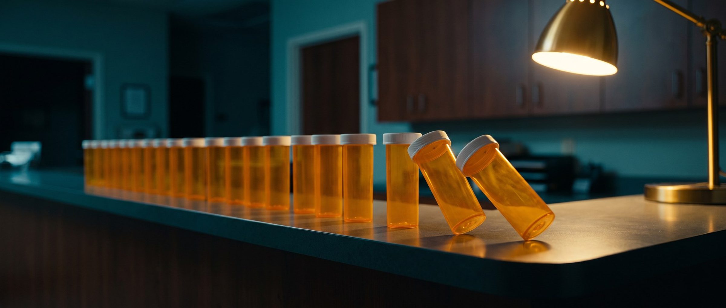 A long row of amber prescription bottles standing like dominoes on a clinic counter at night, the nearest ones tipping over under a brass desk lamp