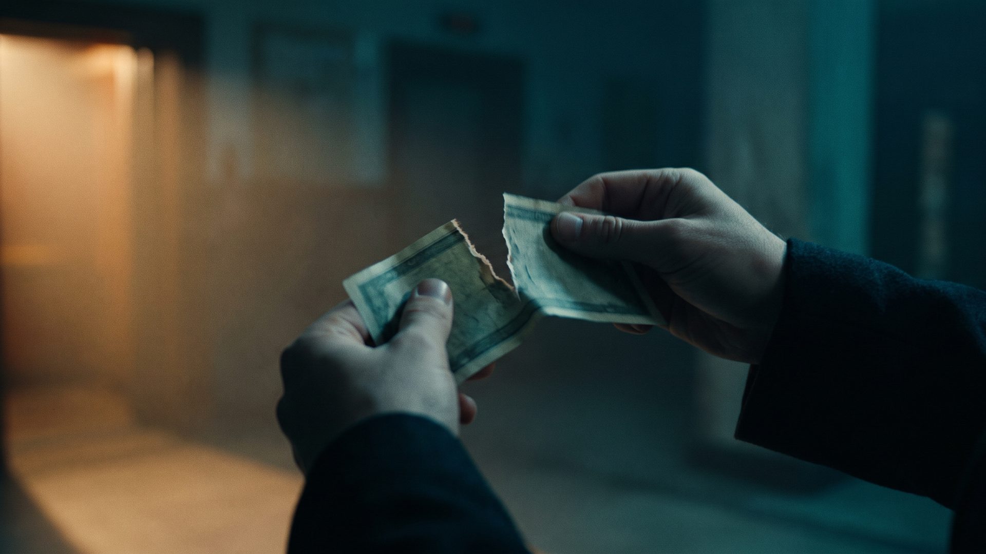 Two hands tearing a worn dollar bill in a dim hallway, warm light spilling from a doorway behind