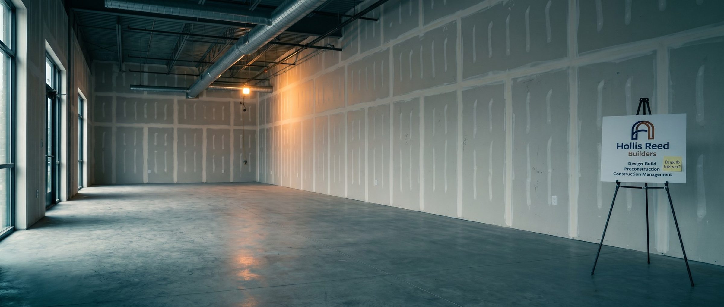 An empty raw commercial tenant space with a builder's easel sign reading Hollis Reed Builders, Design-Build, Preconstruction, Construction Management, and a yellow sticky note on it asking Do you do build-outs?