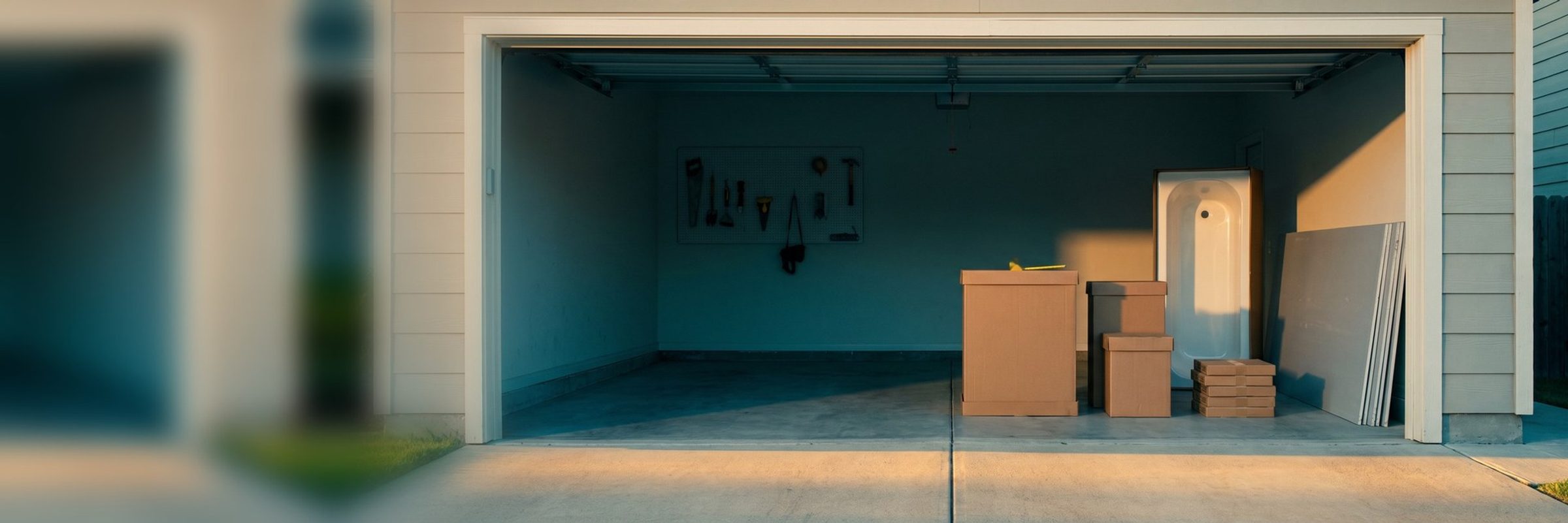 An open two-car garage on a bright morning staged with one bathroom remodel's materials: a boxed vanity, a toilet carton, stacked tile boxes, a new tub standing on end and drywall sheets, with a tape measure on top