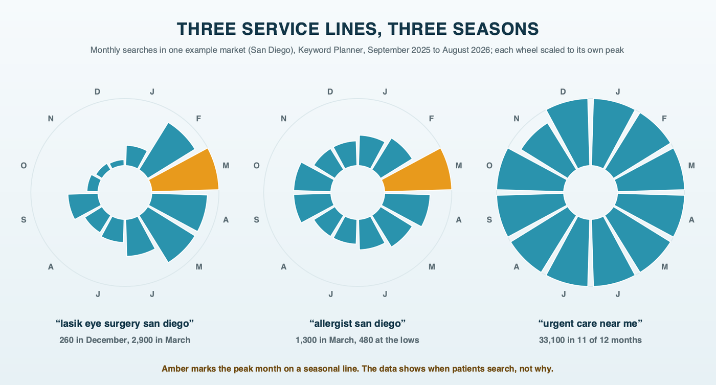 Three service lines, three seasons: twelve-month wheels for one example market showing LASIK searches low in late fall and high from February through May, allergist searches peaking in March, and urgent care searches flat all year