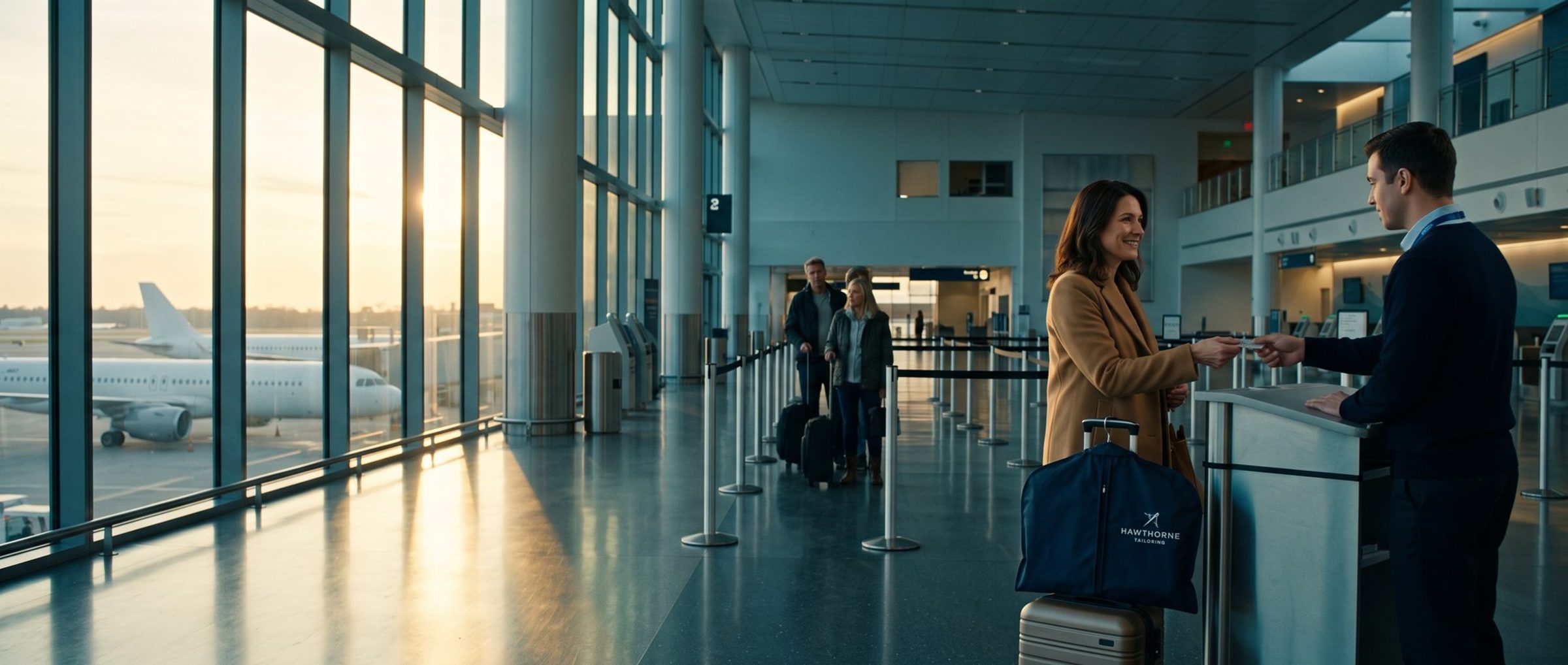 At sunrise in an airport terminal, a smiling business owner with a Hawthorne Tailoring garment bag hands her ID to an officer at the podium, with only a short line behind her