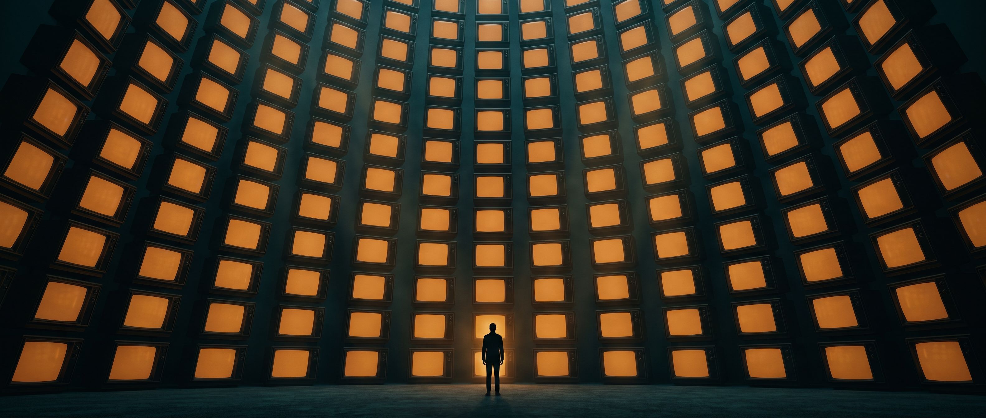 A lone figure standing before a vast curved wall of glowing amber panels