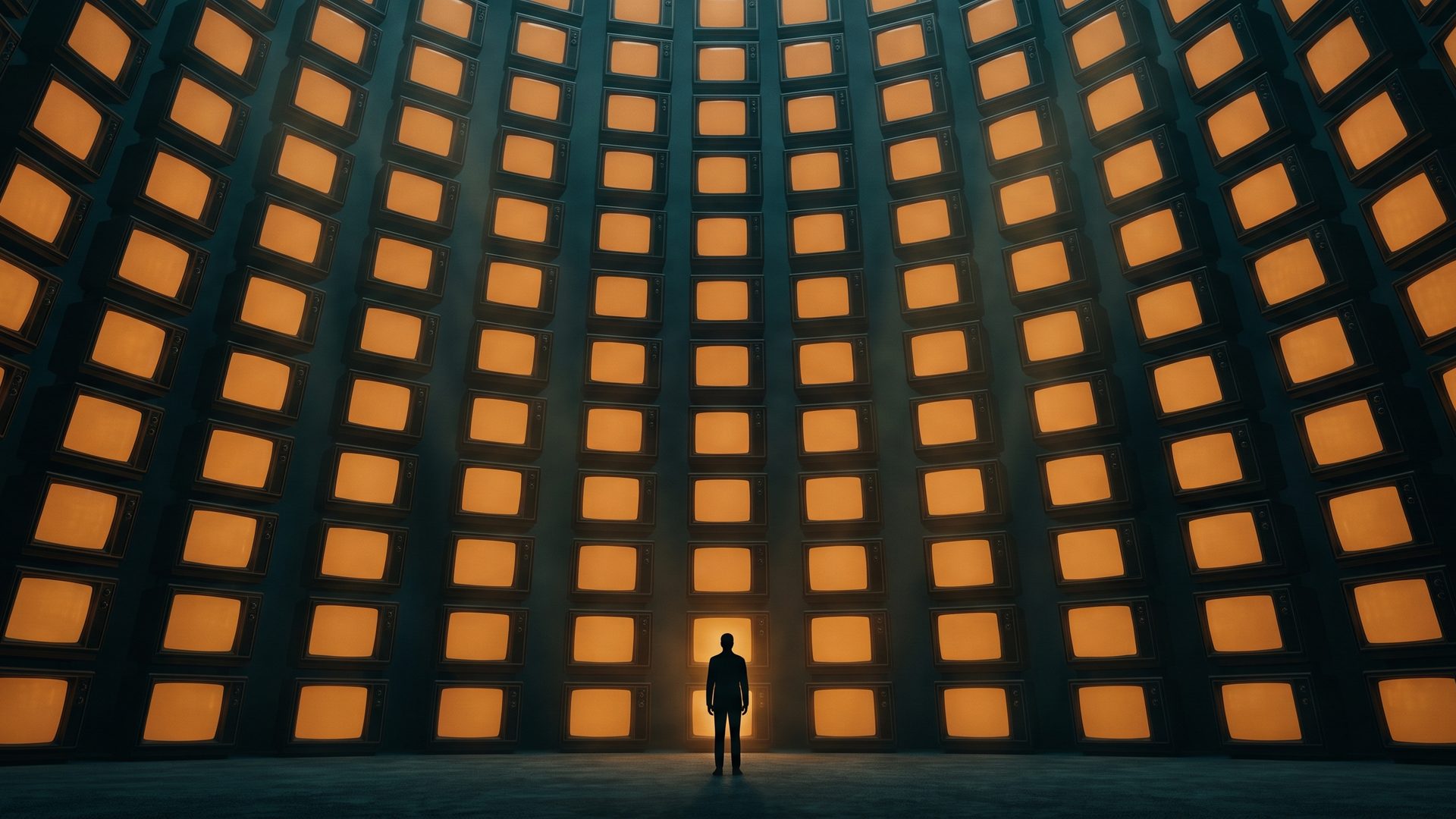 A lone figure standing before a vast curved wall of glowing amber panels
