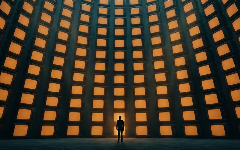 A lone figure standing before a vast curved wall of glowing amber panels
