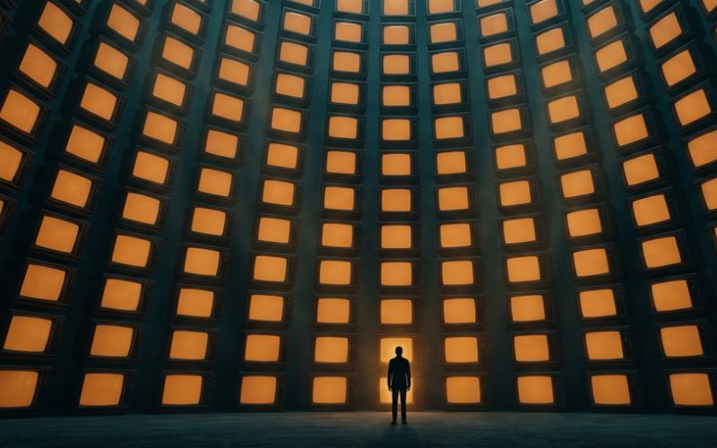 A lone figure standing before a vast curved wall of glowing amber panels